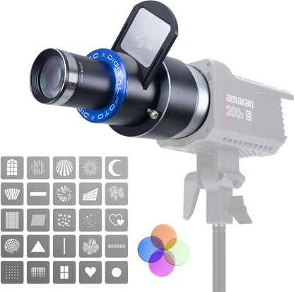 DF DIGITALFOTO Optische Snoot Bowens Mount Gobo Projector, 25 Gobo's, Projectie Opzetstuk voor Fotografie Spotlight, Compatibel met Aputure Amaran 100X/D 200D/X, Godox SL60 voor Portret, Focusbaar