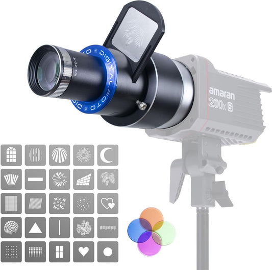 DF DIGITALFOTO Optische Snoot Bowens Mount Gobo Projector, 25 Gobo's, Projectie Opzetstuk voor Fotografie Spotlight, Compatibel met Aputure Amaran 100X/D 200D/X, Godox SL60 voor Portret, Focusbaar