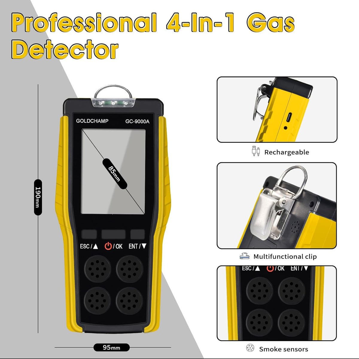 4-in-1 gasdetector voor brandbaar/O2/H2S/CO, geluid/licht/trilalarm en lcd-display, gaslek-detectoren voor huis + hand-anemometer, 5 eenheden & ℃/°F schakelaar, windsnelheidsmeter voor HVAC