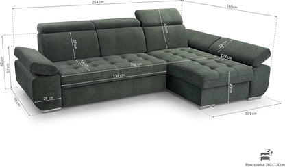 Corner Sofa with Sleeping Function and Practical Bed Drawer - Comfortable Sofa Bed L Shape 264x165cm with Movable Headrests, Folding Sofa Bianco Dark Green, Sofa Right - QUORE