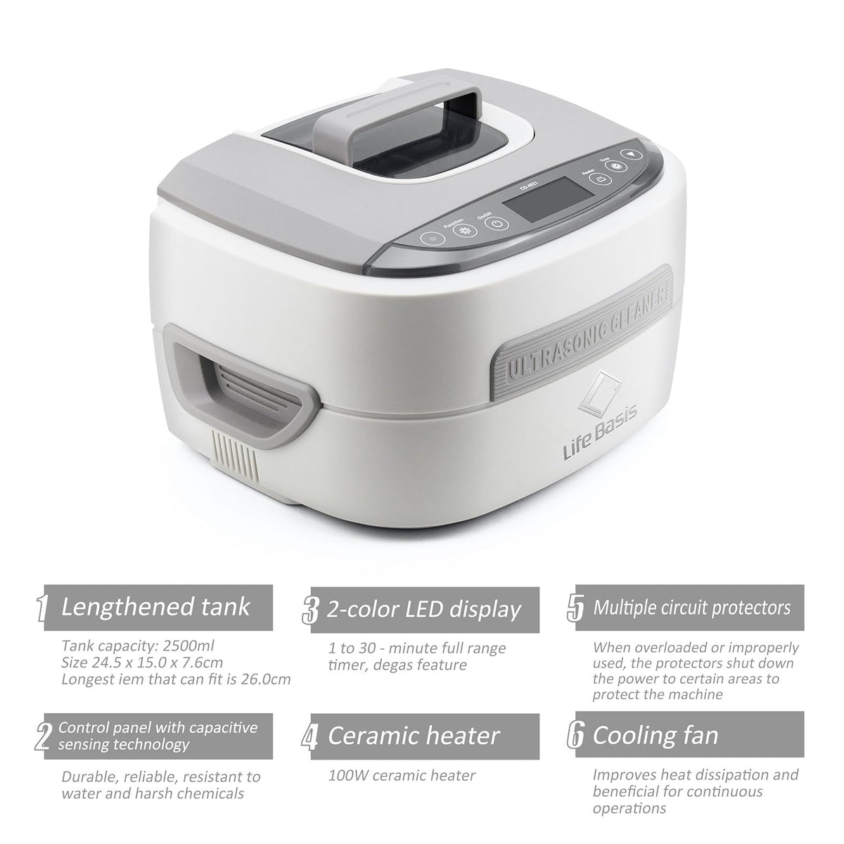 LifeBasis Professionele ultrasone reiniger, 2,5 l, 170 W, ultrasone container met 1-30 minuten, verstelbaar, verwarming tot 65 °C en degas voor brillen, horloges, sieraden, tand- en industriële