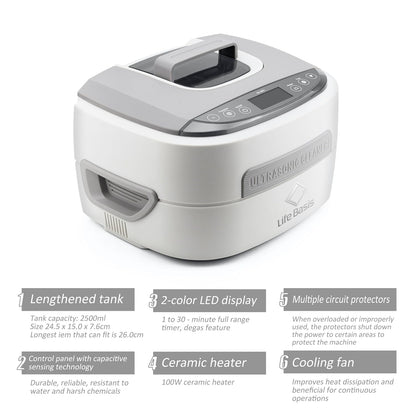 LifeBasis Professionele ultrasone reiniger, 2,5 l, 170 W, ultrasone container met 1-30 minuten, verstelbaar, verwarming tot 65 °C en degas voor brillen, horloges, sieraden, tand- en industriële