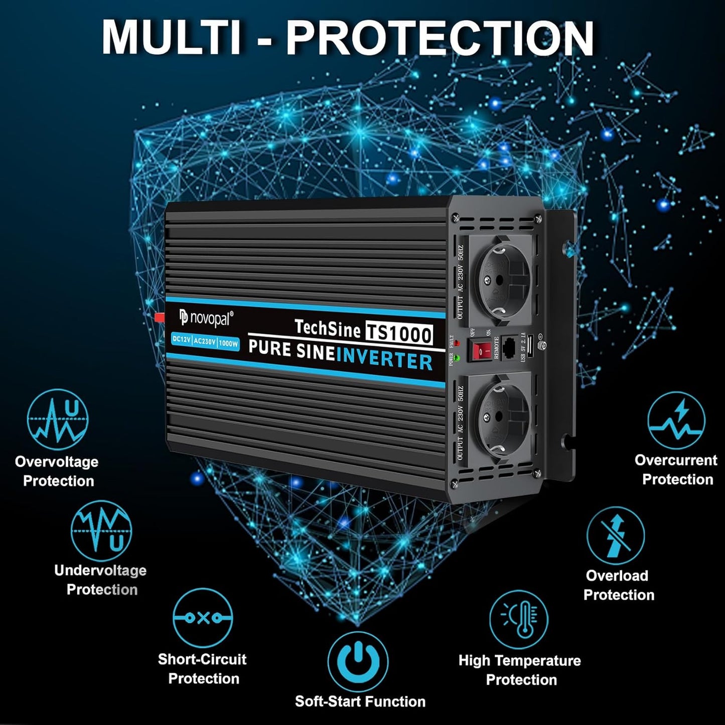 NOVOPAL 1000 W 2000 W auto omvormer spanningsomvormer -12 V 230 V zuivere sinus met 2 EU-stopcontact en USB-aansluiting, afstandsbediening, accukabel en handleiding (mogelijk niet beschikbaar in het