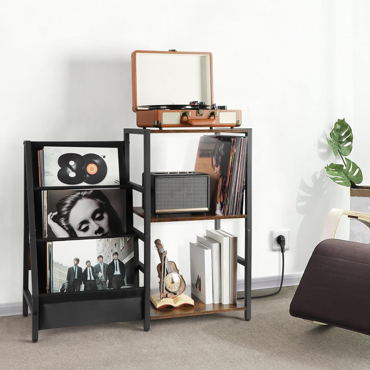 Platenspeler Standaard met Stopcontact, Eindtafel met 3 Niveaus Opslag voor Vinylplaten Platenspeler Tafel tot 200 Albums voor Vnyl Platen, Vinyl Platenhouder Kabinet voor de Woonkamer