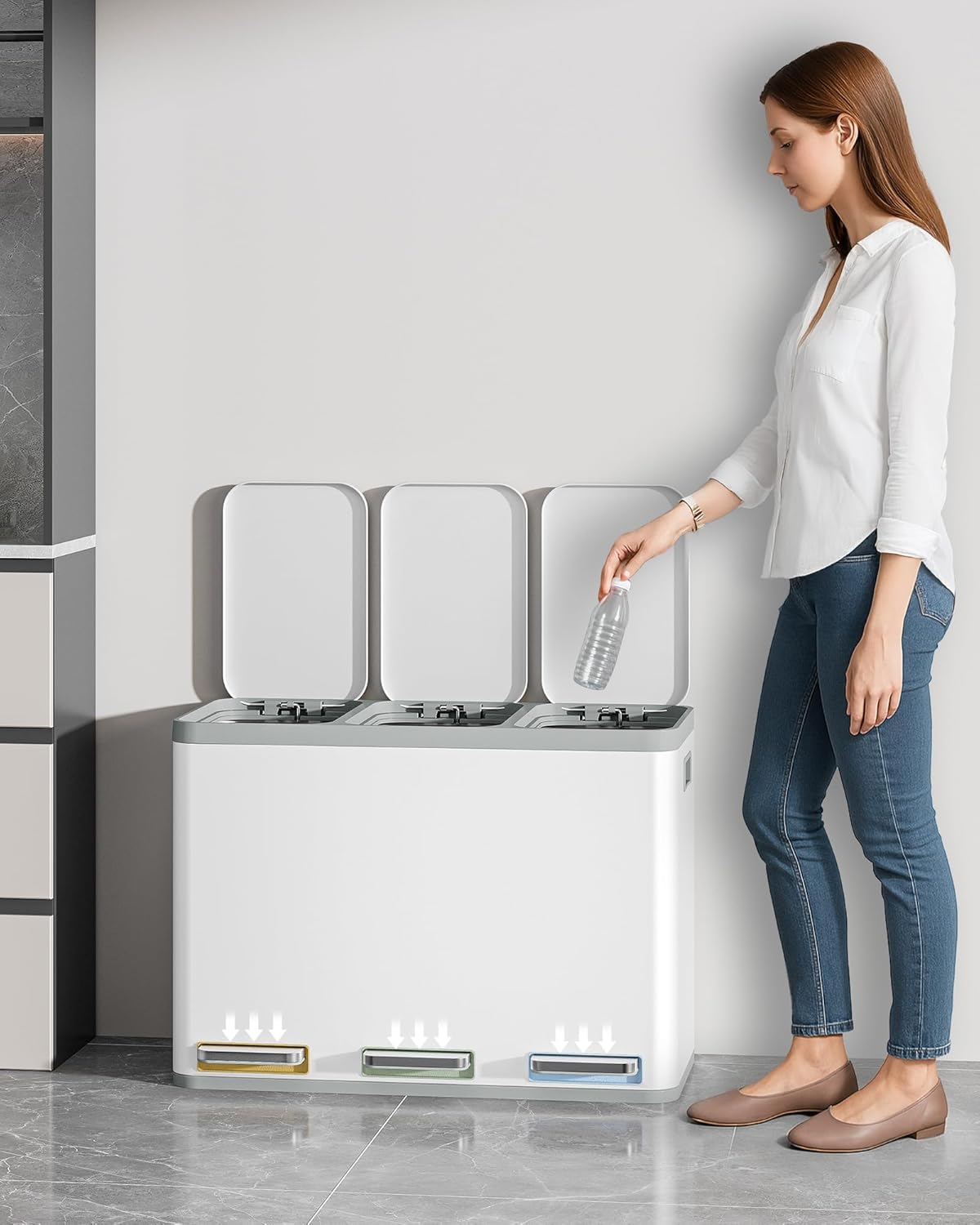 Hzuaneri Garbage Separation System for Kitchen, 3 Compartments, 45 L (3 x 15 L), Stainless Steel Kitchen Waste Bin, Pedal Bin with Colour-Codable Pedals, Waste Bin, Quiet Slow Descent, White