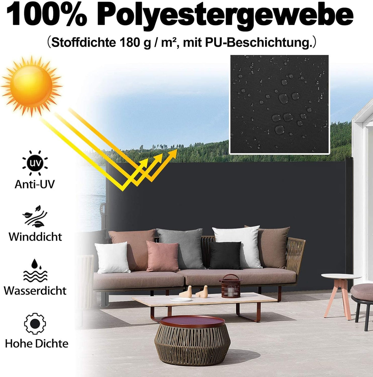 Uittrekbaar Zijscherm – Balkonscherm – Zonwering – Privacyscherm – Windscherm – Waterbestendig Polyester – 160 x 600 cm – Antraciet