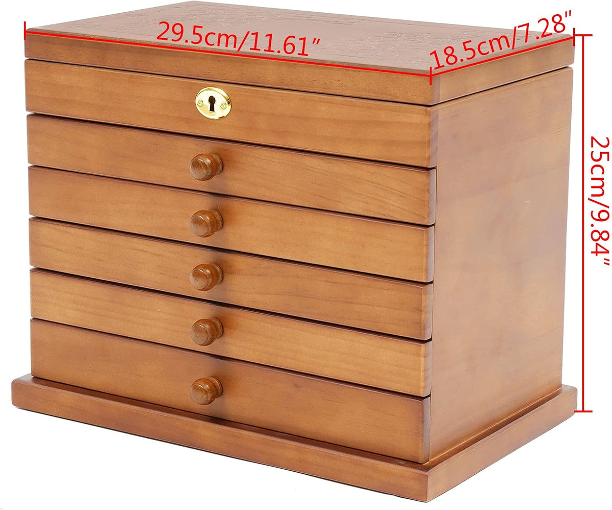 OUKANING 6 Layers Jewelry Box Wood Vintage Jewelry Box with Drawers, High Quality Hinges and Refined Handles, Freestanding Jewelry Box, Gift (Brown, With Mirror+Key Lock) - QUORE
