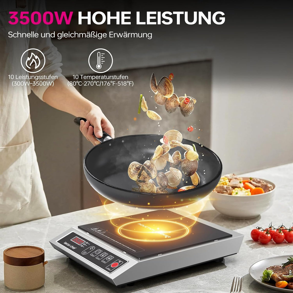 Inductiekookplaat, 3500 W, enkele inductiekookplaat, kookplaten, 50 kg, groot draagvermogen, roestvrijstalen behuizing, 24-uurs timer, ultradun draagbaar design