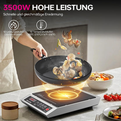Inductiekookplaat, 3500 W, enkele inductiekookplaat, kookplaten, 50 kg, groot draagvermogen, roestvrijstalen behuizing, 24-uurs timer, ultradun draagbaar design