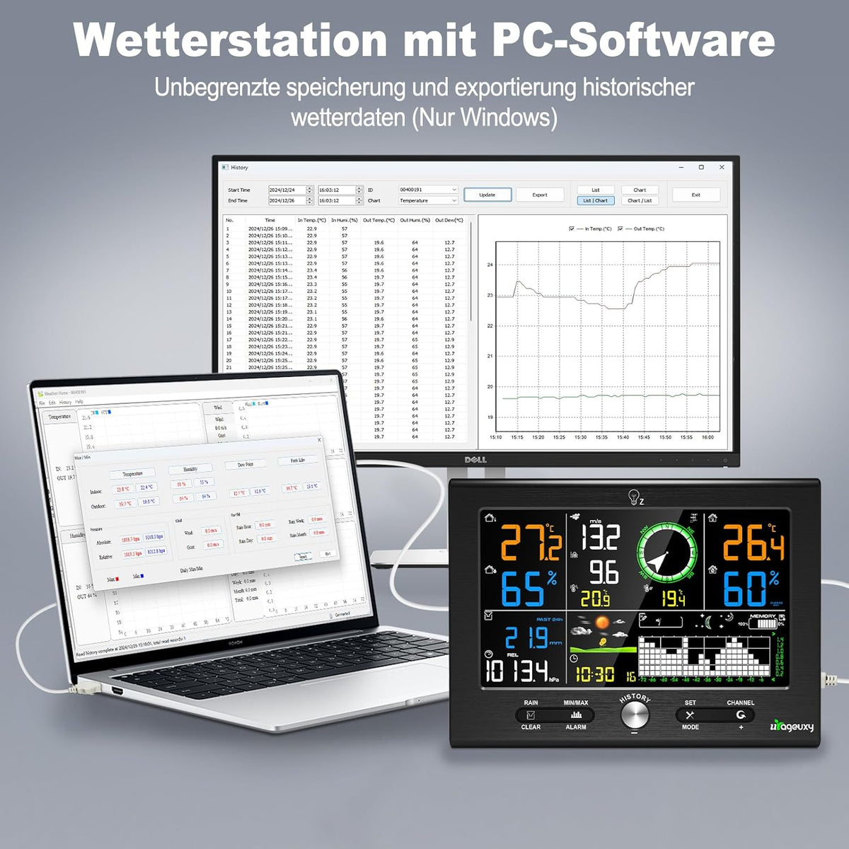 Urageuxy Draadloos weerstation met buitensensor, 7-in-1 professioneel weerstation met regenmeter en windmeter, 7,6 inch display, DCF-klok, datasoftware, binnen- en buitenthermometer, hygrometer