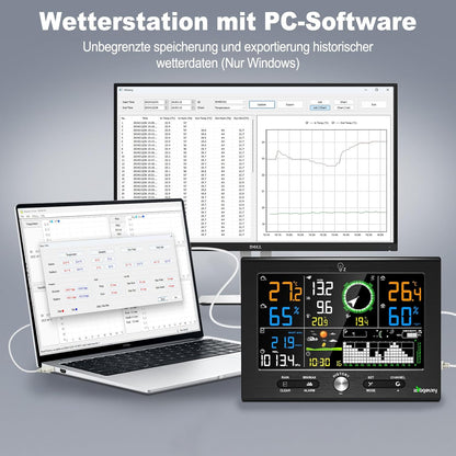 Urageuxy Draadloos weerstation met buitensensor, 7-in-1 professioneel weerstation met regenmeter en windmeter, 7,6 inch display, DCF-klok, datasoftware, binnen- en buitenthermometer, hygrometer