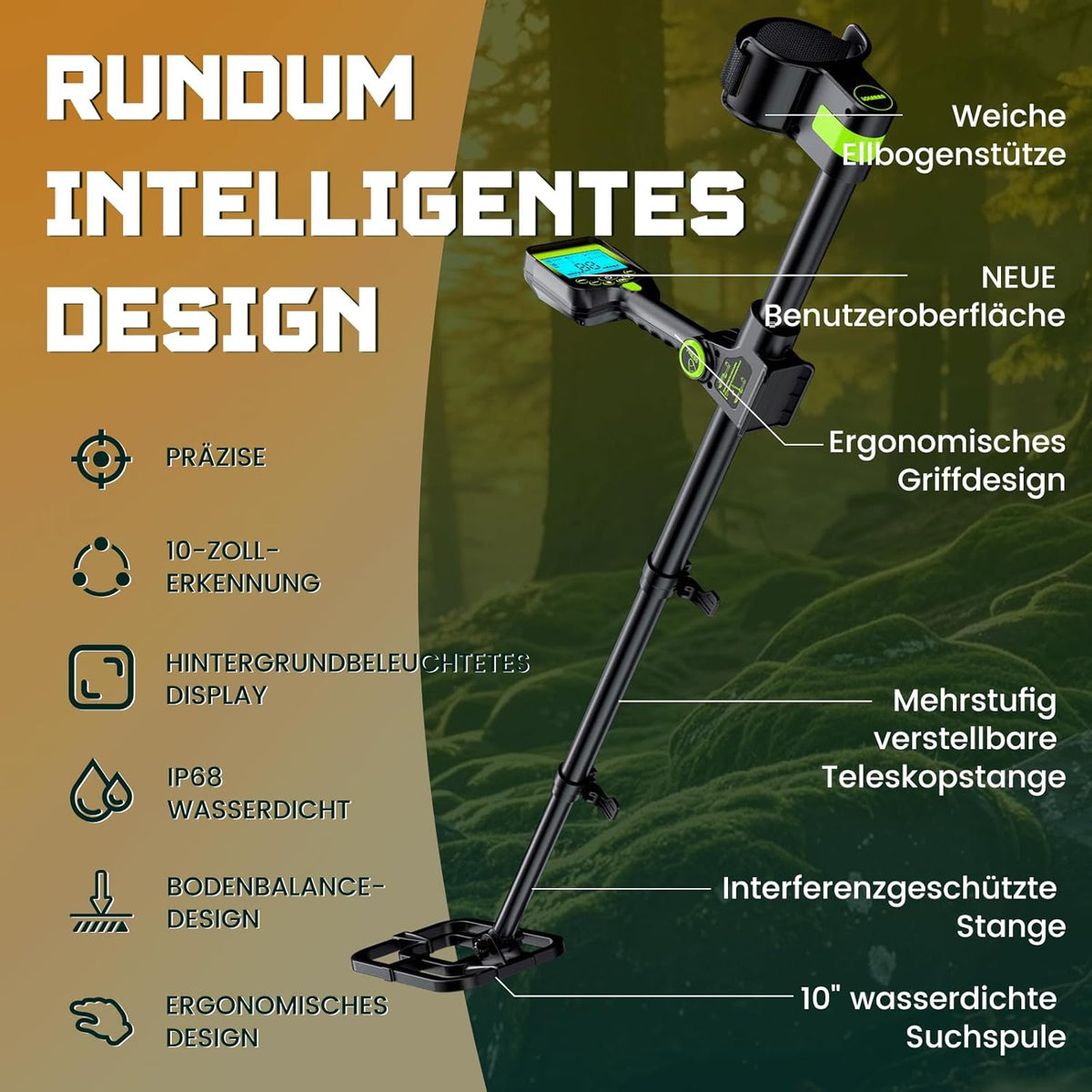 Metaaldetector voor Volwassenen en Oudere Kinderen Zwart Groen – Gouddetector – Schatzoeker – Muntenzoeker – Metaal Detector – LCD-Display – 10 Inch IP68 Waterdichte Spoel