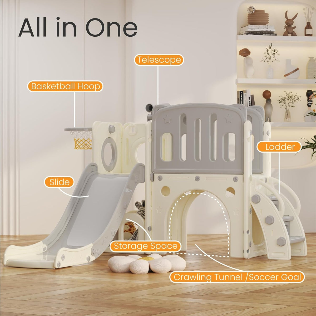 Kinderglijbaan met klimladder, basketbalkorf en tunnel, kunststof glijbaan voor binnen voor kinderen, Montessori-spelletjes voor speelplaats, grijs