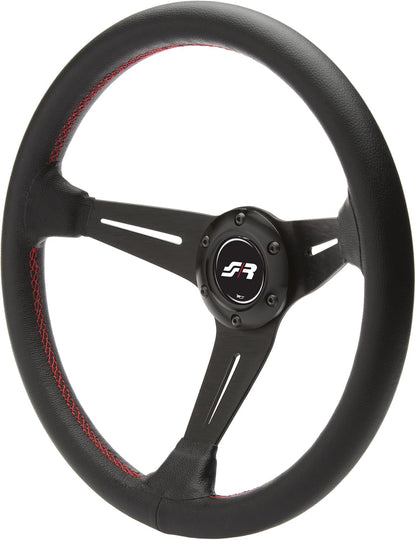 Sportief Universeel Stuur – Sportstuur – Leren Stuur – Auto Stuur – Racing Stuur – Echt Zwart Leer – Rode Stiksels – Diameter 350 mm