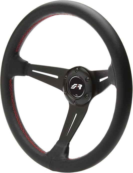 Sportief Universeel Stuur – Sportstuur – Leren Stuur – Auto Stuur – Racing Stuur – Echt Zwart Leer – Rode Stiksels – Diameter 350 mm