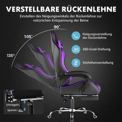 GTPLAYER Gamingstoel, bureaustoel, ergonomische pc-stoel, gamingstoel met massagesteun, task stoelen met voetensteun en hoofdsteun, paars kunstleer