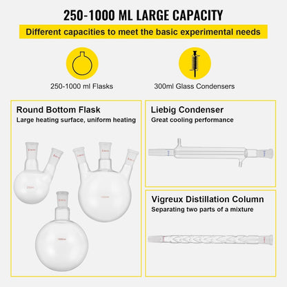 Laboratoriumglasset – Laboratoriumglaswerk – Destillatieset – Glaswerkset – Labapparatuur – 32-Delig – 3,3 Borosilicaatglas – 24/40 Slijpverbindingen & Tot 600 °C
