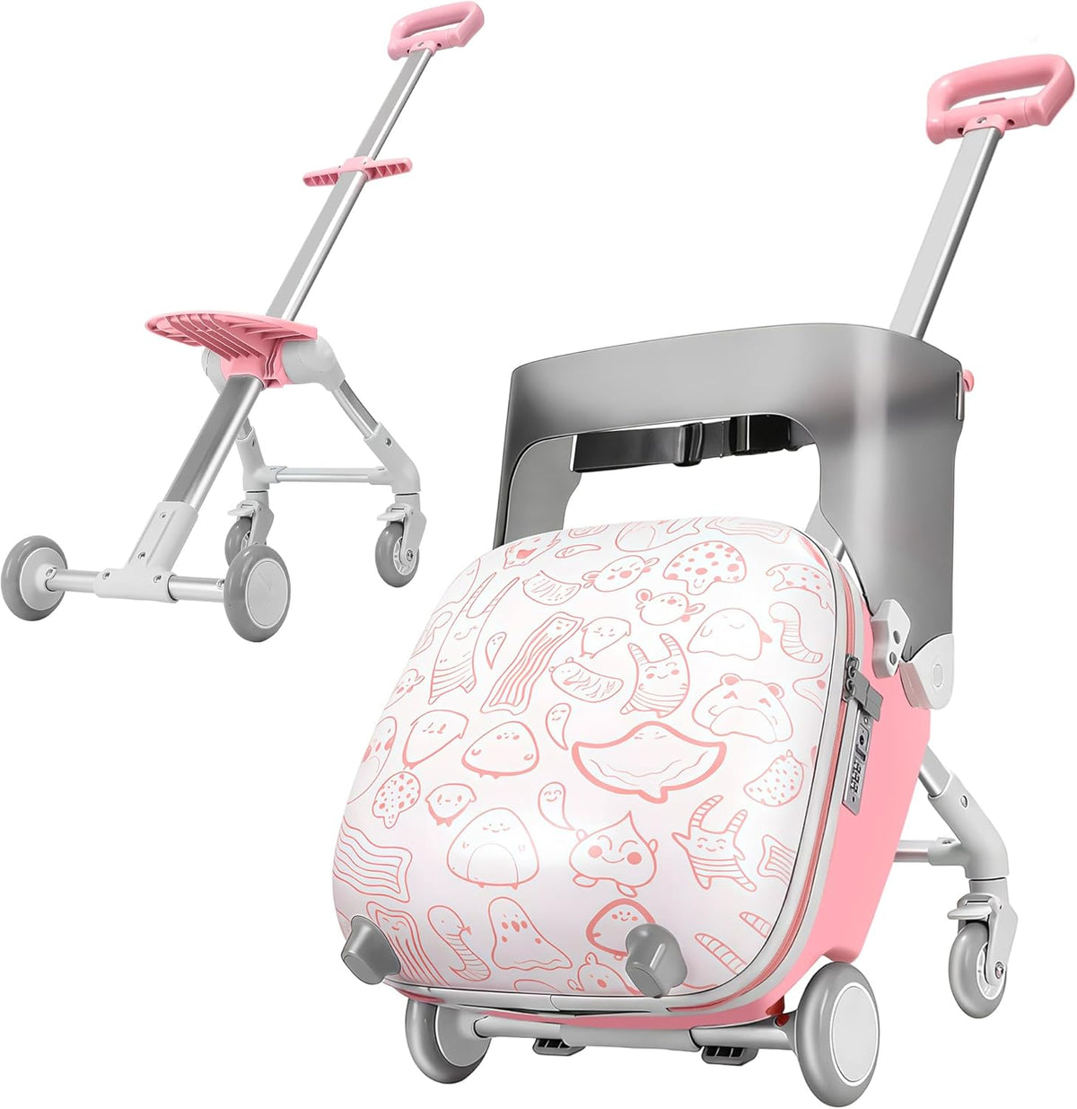 Ride-On koffer voor kinderen, 2-in-1 lichtgewicht reisbagage met 360 ° Spinner wielen, duurzame Carry-On trolley tas voor meisjes jongens - Max belasting 50KG (Graffiti-stijl roze en wit)