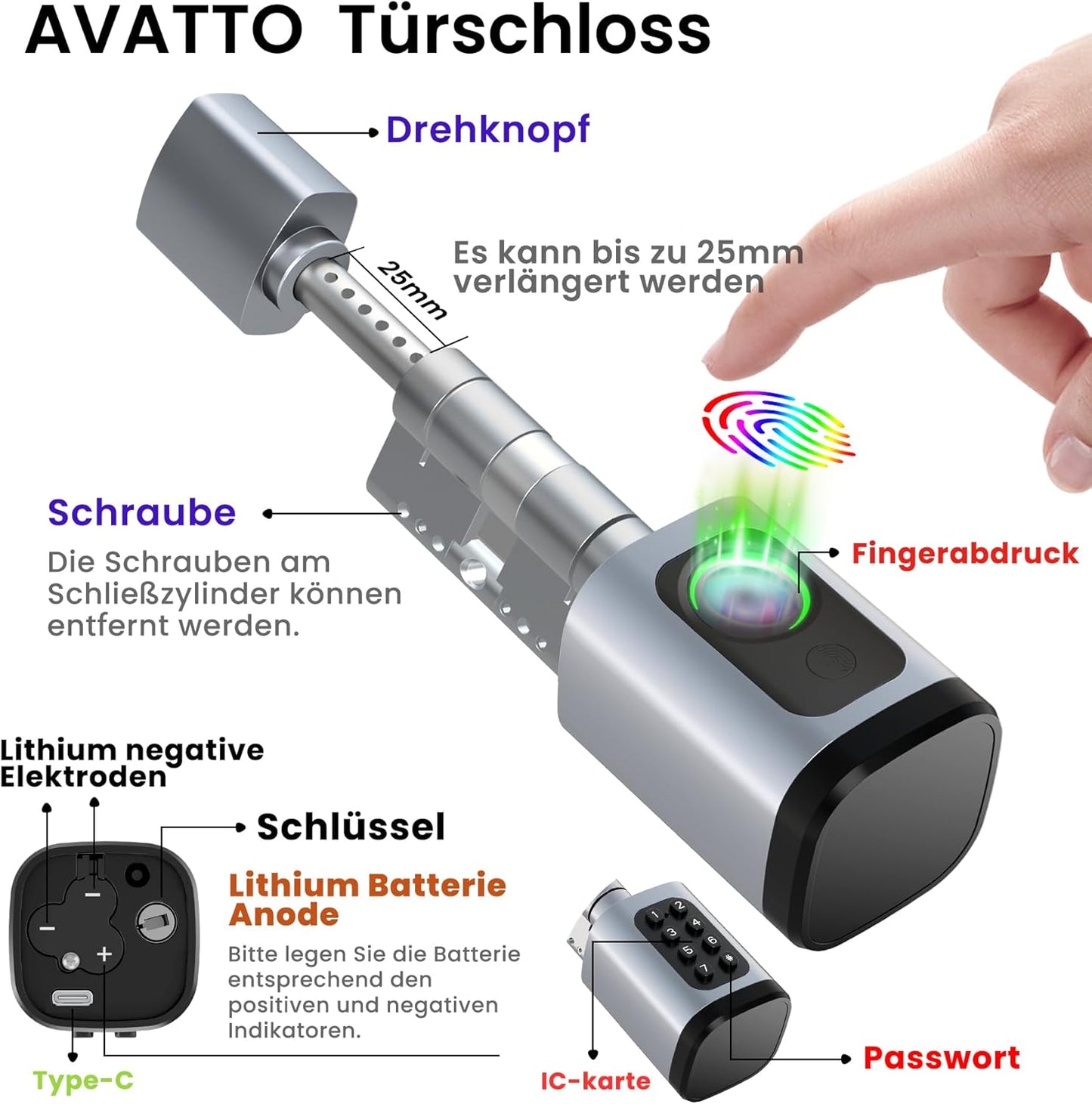 AVATTO Smart deurslot met vingerafdruk en wachtwoord voor 60-90 mm deur, lengte van de sluitcilinder is instelbaar, met sleutel, IC-kaart, ondersteunt Smart Life App afstandsbediening