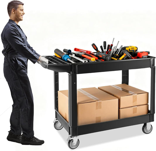 TOROKOM Zware multifunctionele wagen met 2 treden op wielen, 150 kg rolwagen, extra capaciteit, grote multifunctionele servicewagen, handvat, zwarte opbergorganizer, mobiele gereedschapswagen