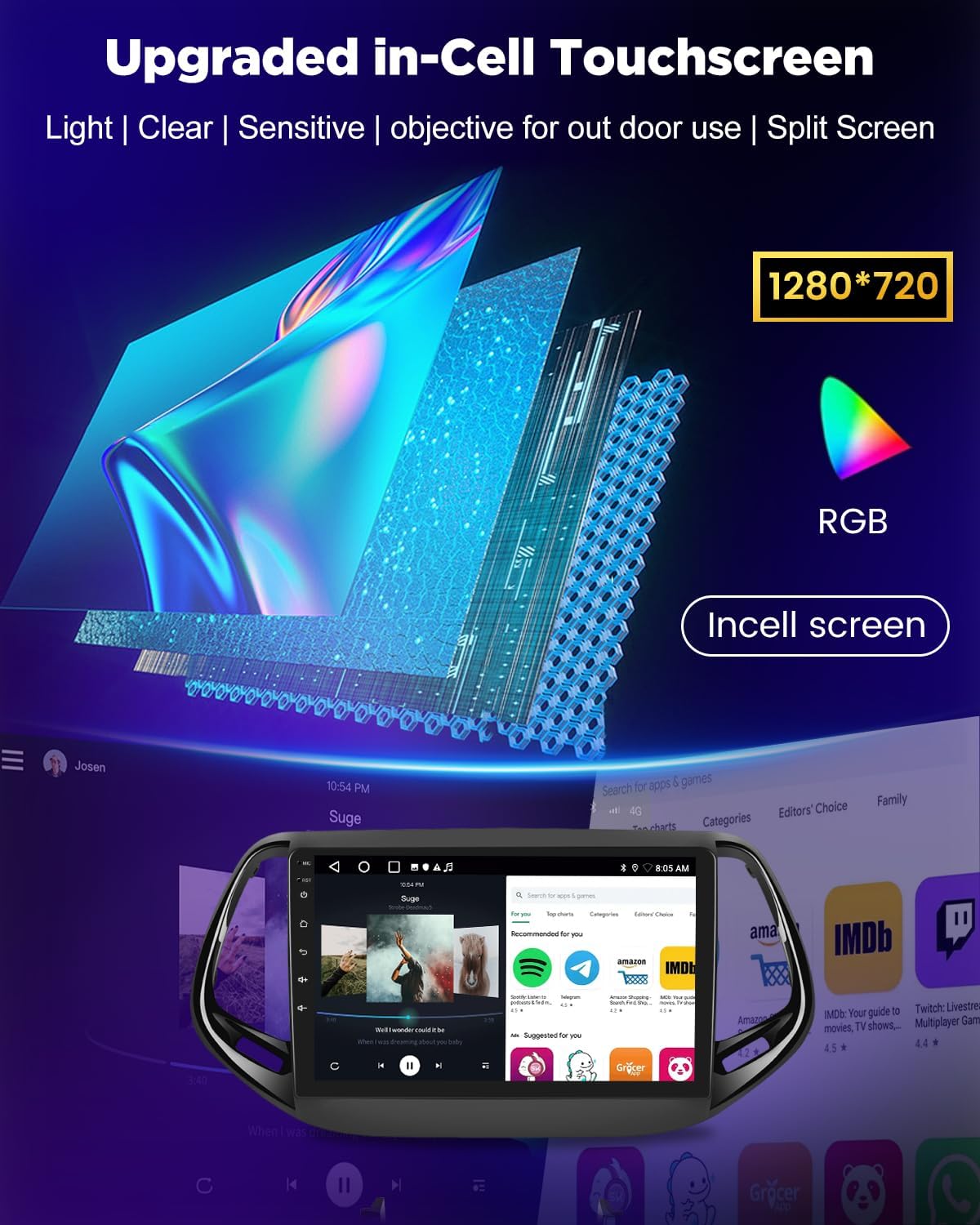 NHOPEEW 8 Core 6+128G Android autoradio voor Jeep Compass 2017-2019 met Wireless Carplay & Android Auto DSP WiFi GPS stuurbediening 360°-panoramisch zicht