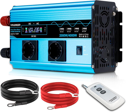 Omvormer – Spanningsomvormer – Zuivere Sinusomvormer – Inverter – Sinusomvormer 12 V Naar 230 V – 2000 W Continu / 4000 W Piek – LCD-Display & Afstandsbediening