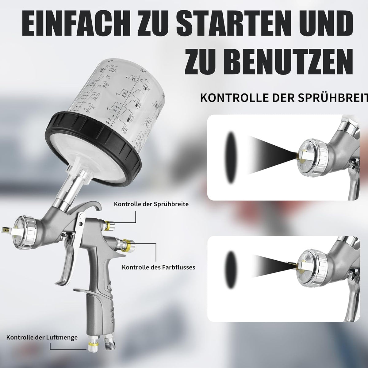 D1 LVLP Spuitpistool – Verfspuit – Lakspuit – Pneumatisch Spuitpistool – Spray Gun Set – 3 Verwisselbare Nozzles 1.3/1.5/1.7 mm – 650 ml Mengbeker Met 10 Wegwerpbekers