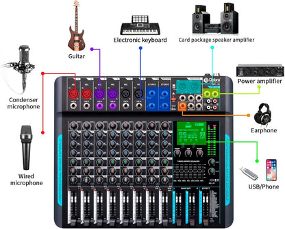 Audiomixer, 10-kanaals professionele stereomixer, 99 DSP Reverb, 7-bands equalizer, USB, 48V fantoomvoeding, One-Click Mute voor DJ, opname, podium (10-kanaals)