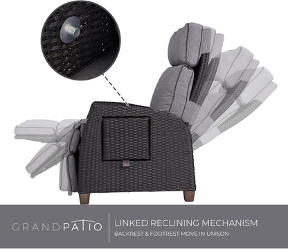 Grand patio Recliner Lounger with Seat Cushion, Aluminium Frame, Garden Chair, Adjustable Backrest, Rattan Sun Lounger for Indoor, Outdoor (Grey Seat Cushion and Brown Rattan) - QUORE
