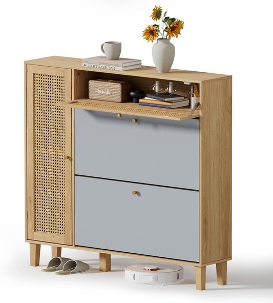 Schoenenkast – Schoenenrek – Entrekast – Schoenopberger – Schoenmeubel – Compact Ontwerp – Verstelbaar Binnenrek – Grijs en Naturel