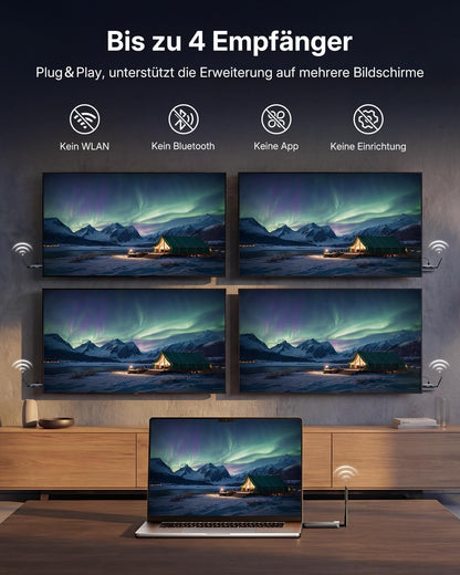 VENTION Draadloze HDMI-zender en ontvanger 656FT/200M voor laptop/pc, 2,4G + 5G plug & play draadloze HDMI Extender Kit 4K voor PS5 & Xbox ontvanger voor video/audio naar monitor of tv (1TX+4RX)