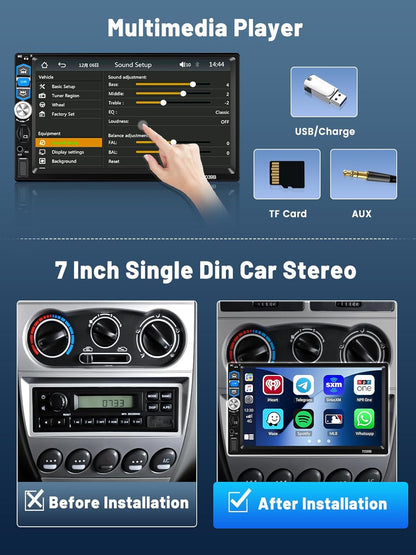 Hikity Autoradio, 1 Din met beeldscherm, draadloze CarPlay Android auto, 7 inch HD touchscreen, stereo, auto, bluetooth, 1 Din met Mirror Link FM-radio, USB TF AUX SWC, achteruitrijcamera + microfoon