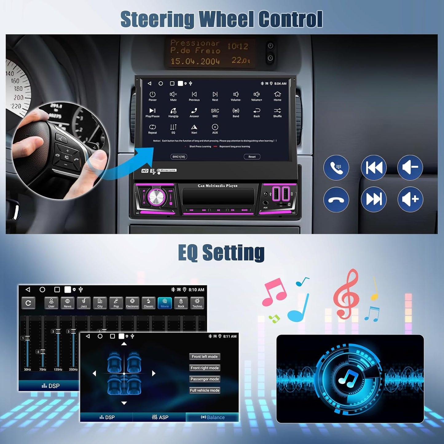 OiLiehu 2+64G Android 13 Autoradio 1 Din met Draadloze CarPlay Android Auto 7" IPS Handmatig Uitklappend met Beeldscherm GPS WiFi Bluetooth Mirror Link FM RDS SWC USB EQ AUX TF-Port