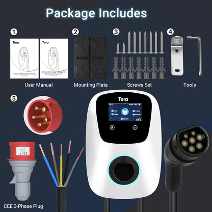 Tera Smart EV oplader type 2 Wallbox met app, 11 kW, 16 A, 400 V, CE & TÜV met wifi en bluetooth, 7 m laadkabel met opladerhouder, thuis, Wallbox CEE, 3-fasen stekker voor EVs & PHEV W01, wit