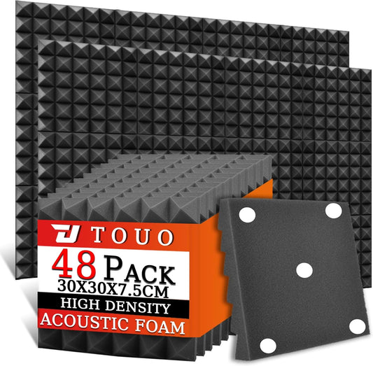 Akoestische Schuimpanelen Zwart 48 Stuks – Akoestische Panelen – Geluidsabsorberende Panelen – Akoestisch Schuim – Muur- En Plafondpanelen – 30 X 30 X 7,5 Cm – Vlamvertragend Polyurethaanschuim