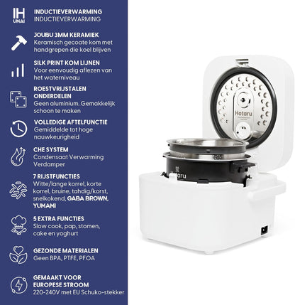 Yum Asia Hotaru Induction Heating (IH) Rijstkoker met Keramische Kom (3 Kopjes, 0,54 Liter), 7 Rijstfuncties, 5 Multifunctionals, LED-scherm (Chalk White)