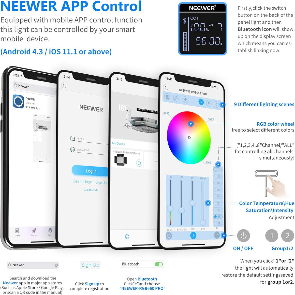 NEEWER Led-paneel 660, 2 stuks verstelbare lampen vanaf de app, videoverlichtingsset voor fotografie, 50 W, dimbaar, tweekleurig, 3200 K-5600 K, IRC97+