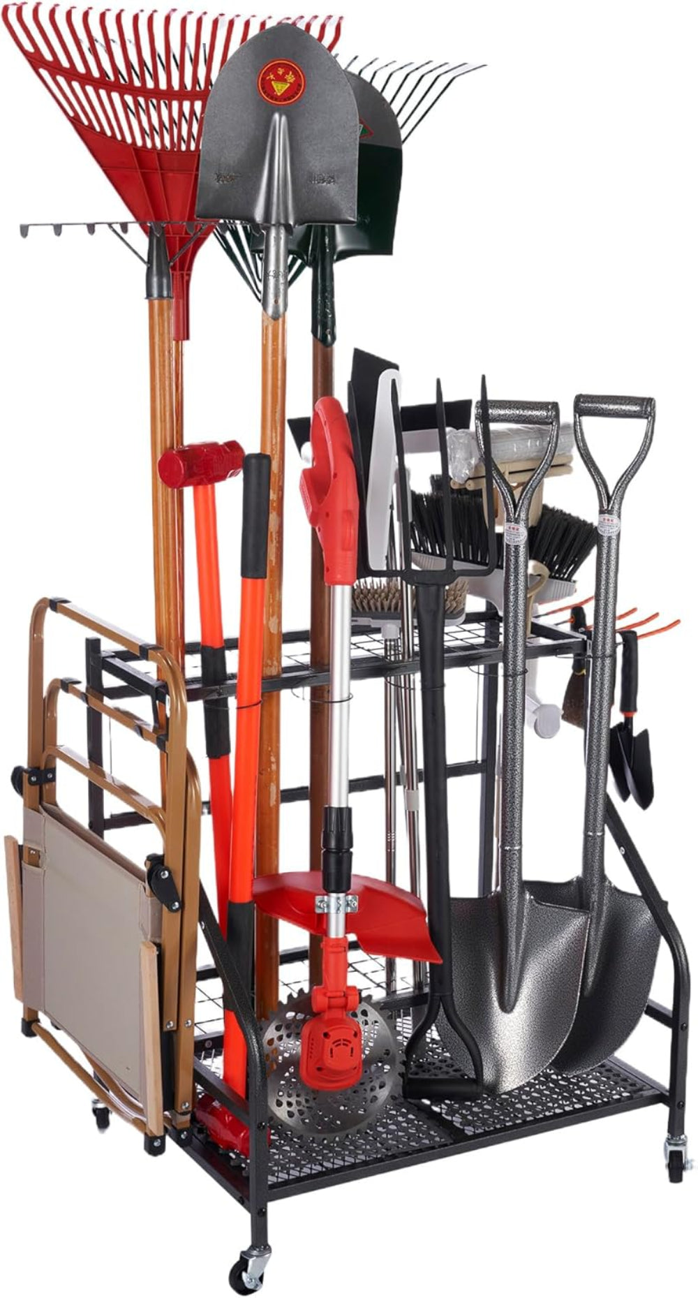 Tuingereedschap Opbergen - Gereedschapsorganizer - Tuingereedschapsrek - met Haken - Wielen - 3-tier Metalen Utility Planken - Opslag Houder - voor Gazon - Schuur - Garage - Tuin - 71 x 26.5 x 71.5 cm - Zwart