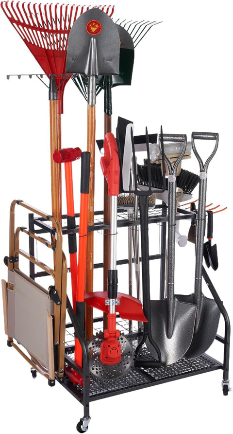 Tuingereedschap Opbergen - Gereedschapsorganizer - Tuingereedschapsrek - met Haken - Wielen - 3-tier Metalen Utility Planken - Opslag Houder - voor Gazon - Schuur - Garage - Tuin - 71 x 26.5 x 71.5 cm - Zwart