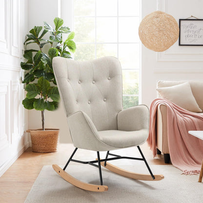 Schommelstoel – Relaxstoel – Fauteuil – Voedingsstoel – Schommelstoel Babykamer – Scandinavisch Design – Met Armleuningen – Met Metalen Frame en Houten Onderstel – Grijs – 66x84x97 cm
