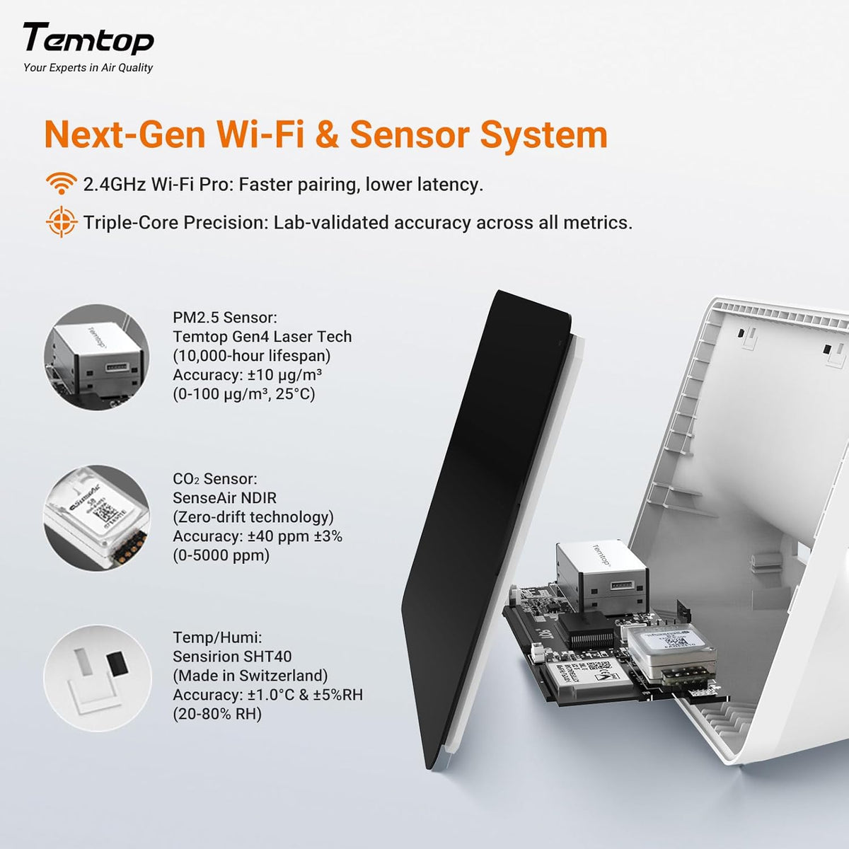 Temtop M100-UP Luchtkwaliteitsmeter, weerstation, 2,4 G wifi, bluetooth-thermometer met app, 8-in-1 luchtkwaliteitsmeter (PM2.5/CO2/temperatuur/vochtigheid)