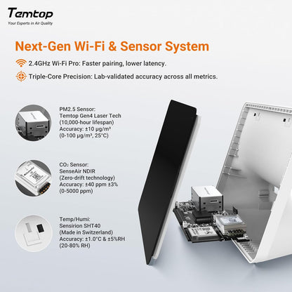 Temtop M100-UP Luchtkwaliteitsmeter, weerstation, 2,4 G wifi, bluetooth-thermometer met app, 8-in-1 luchtkwaliteitsmeter (PM2.5/CO2/temperatuur/vochtigheid)