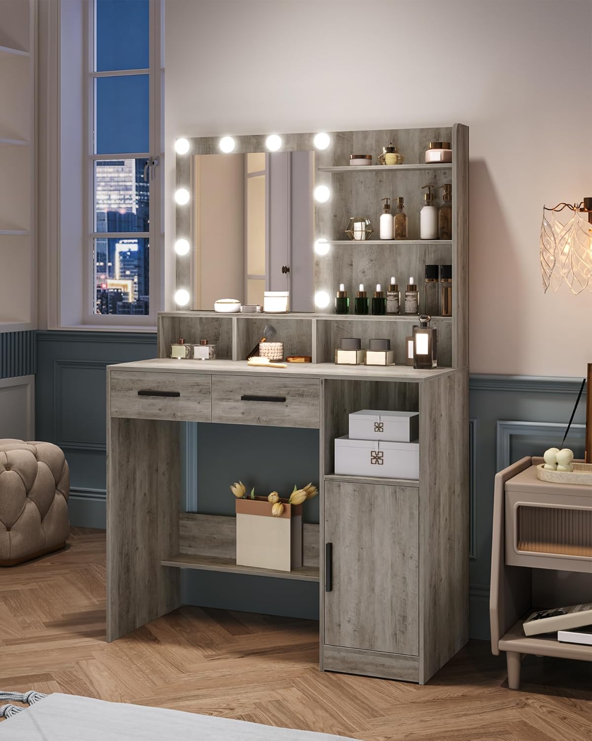 Hzuaneri Dressing Table with Mirror and 10 LED Lamps, Makeup Table with 3 Shelves and 4 Open Compartments, Dressing Table with 2 Drawers and Cabinet, 3 Adjustable Luminosities,GreigeDT32505X
