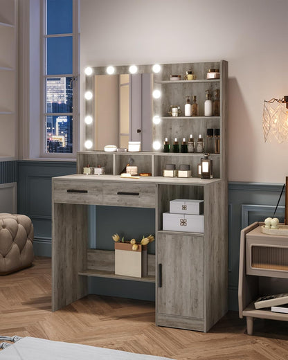 Hzuaneri Dressing Table with Mirror and 10 LED Lamps, Makeup Table with 3 Shelves and 4 Open Compartments, Dressing Table with 2 Drawers and Cabinet, 3 Adjustable Luminosities,GreigeDT32505X
