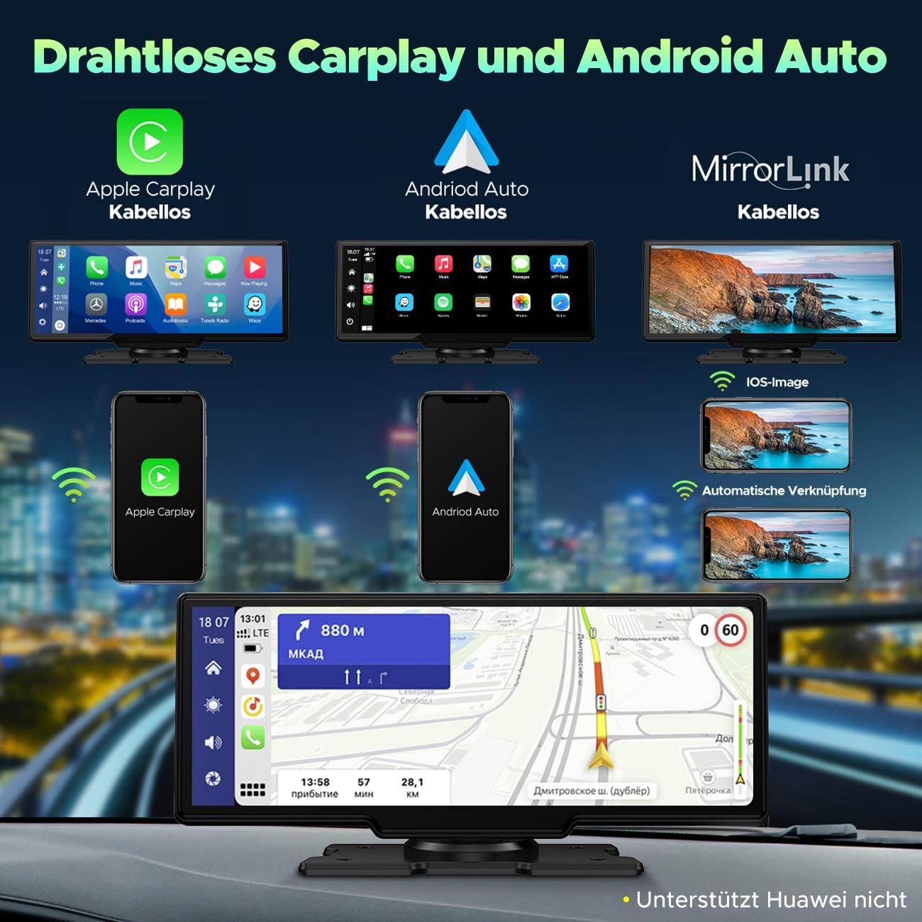 Draadloze Apple Carplay & Android Auto Stereo, 9.26" Draagbare Autoradio met 2K Dash Cam Voorkant, 1080P Achteruitrijcamera, Navigatie Apparaten met Siri/Bluetooth/GPS/Google/FM/AUX/Mirror-Link/64G TF