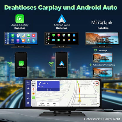 Draadloze Apple Carplay & Android Auto Stereo, 9.26" Draagbare Autoradio met 2K Dash Cam Voorkant, 1080P Achteruitrijcamera, Navigatie Apparaten met Siri/Bluetooth/GPS/Google/FM/AUX/Mirror-Link/64G TF