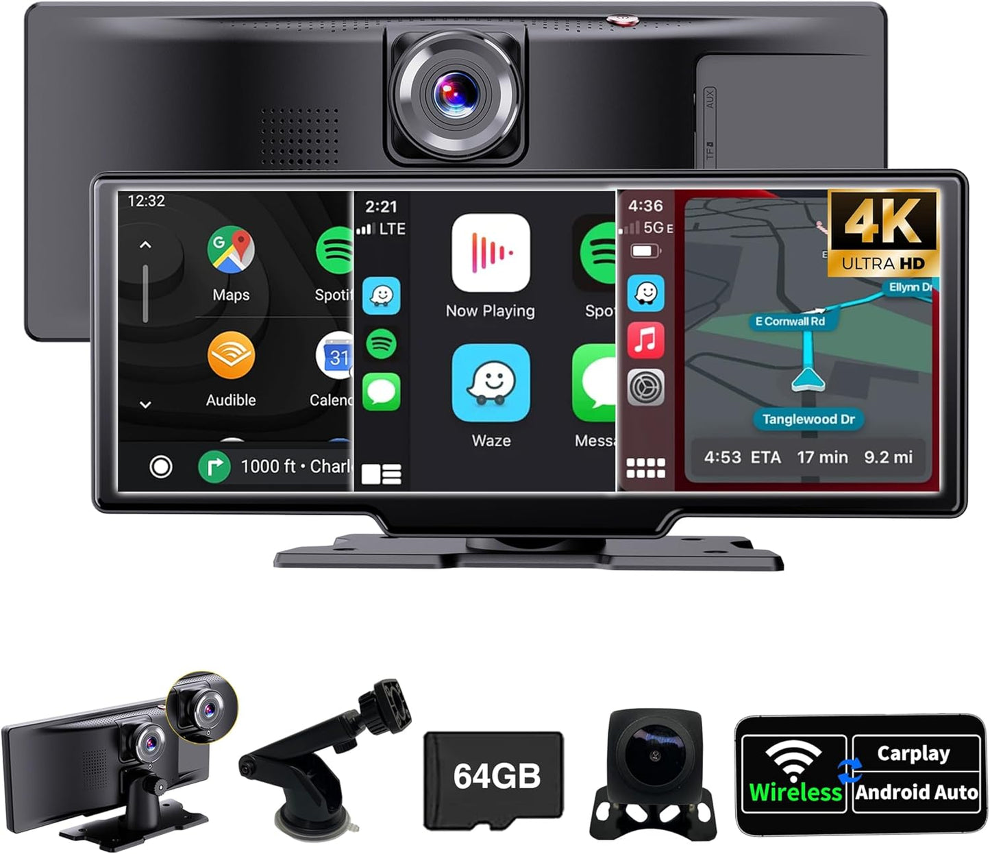 SCUMAXCON Draagbare Auto Stereo Draadloze CarPlay Android Auto 4 K Dash Cam met Backup Cam Airplay 10.3 inch IPS Touchscreen Loop Opname GPS Navigatie Bluetooth FM AUX Ingebouwde Speaker Android Cast