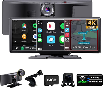 SCUMAXCON Draagbare Auto Stereo Draadloze CarPlay Android Auto 4 K Dash Cam met Backup Cam Airplay 10.3 inch IPS Touchscreen Loop Opname GPS Navigatie Bluetooth FM AUX Ingebouwde Speaker Android Cast