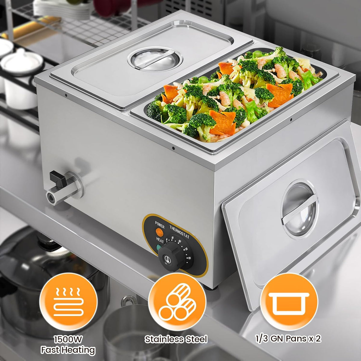 Bain Marie elektrische voedselwarmer, professioneel, roestvrij staal, 2 x 1/3 GN containers met deksel, temperatuur verstelbaar 30 °C - 85 °C, voor restaurants Les Cantine