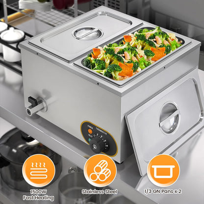 Bain Marie elektrische voedselwarmer, professioneel, roestvrij staal, 2 x 1/3 GN containers met deksel, temperatuur verstelbaar 30 °C - 85 °C, voor restaurants Les Cantine